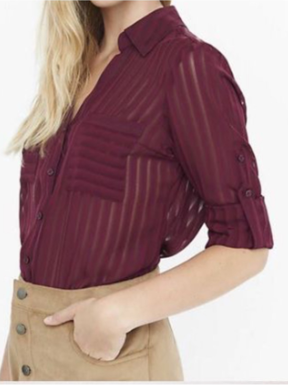 Express Burgundy Sheer Button-Down Blouse